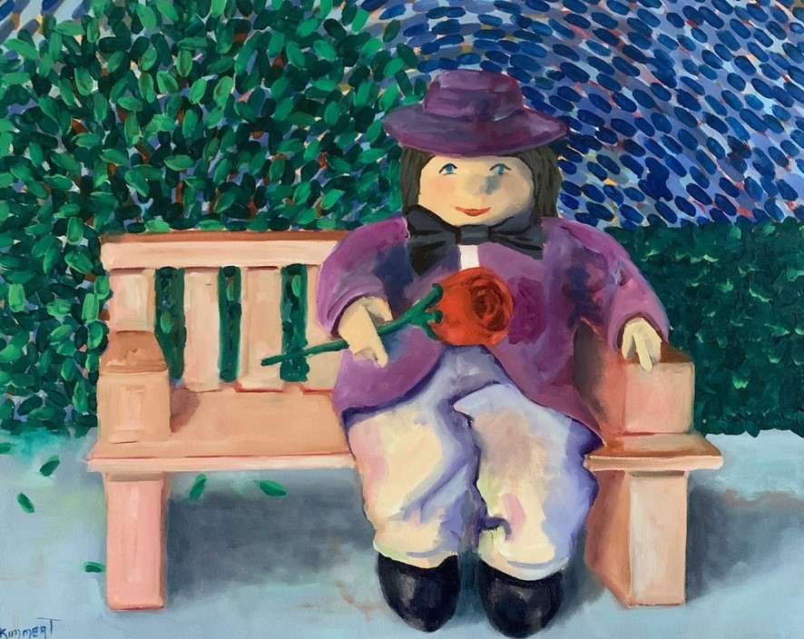 Park, bench, person, rose, bush, oil, painting, art