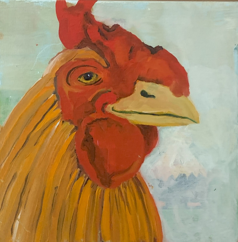 painting, oil, art, chicken, comb, orange, red