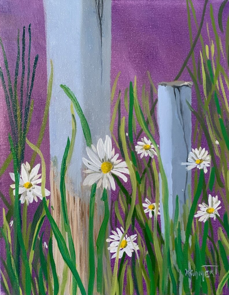 painting, oil, art, flowers, daisies, grass, stakes, wood