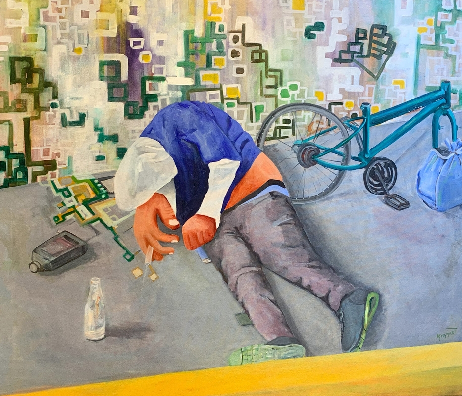 painting, oil, art, person, bike, water bottle, street